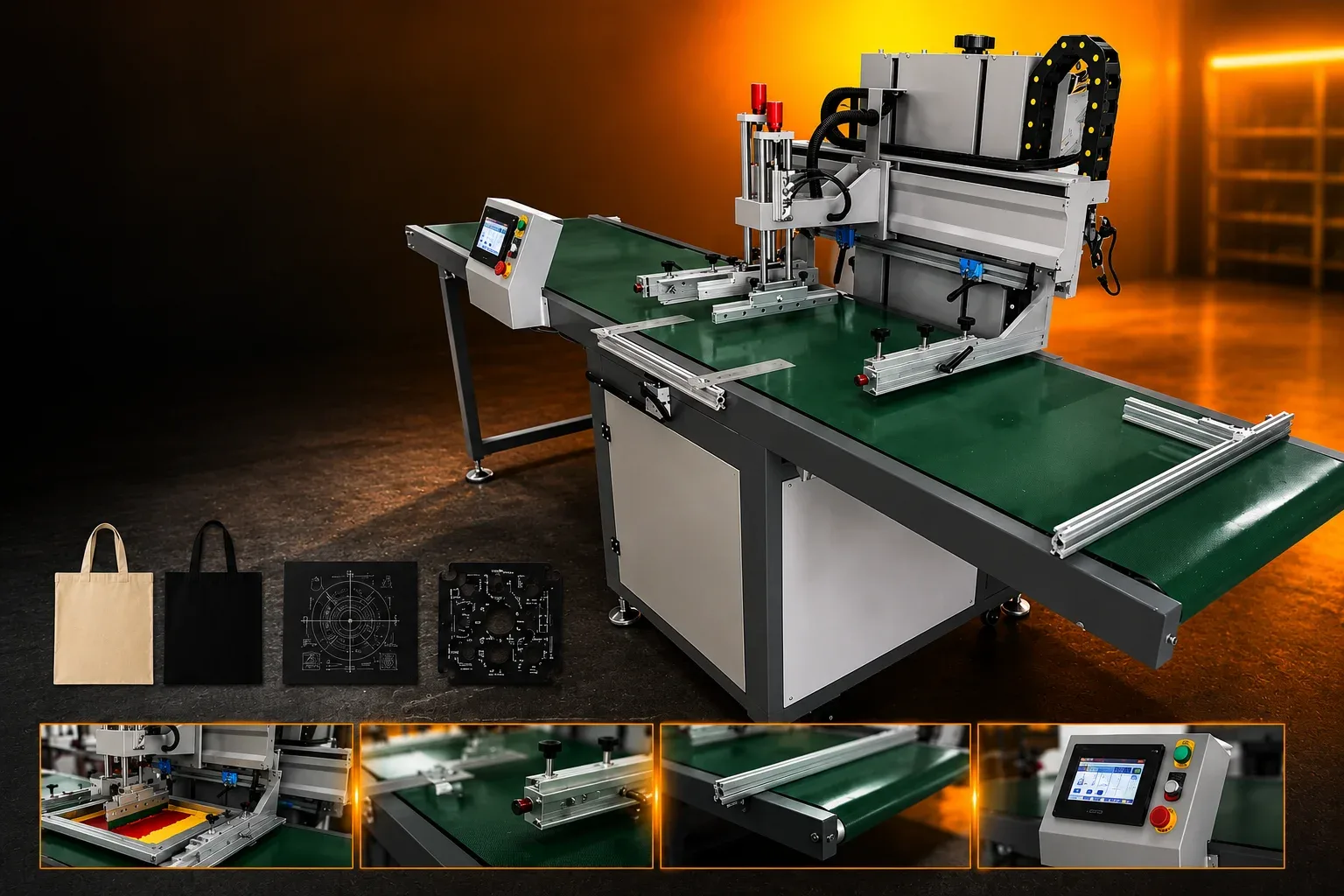 Stolový sieťotlačový automat s dopravníkom – screen print with conveyor pre potlač textilných dielcov pred šitím