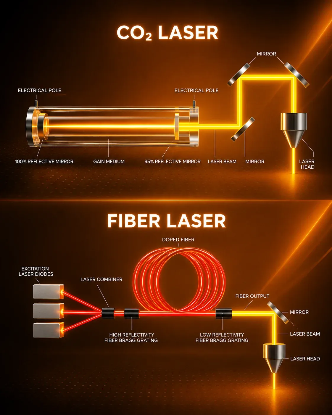 Schéma fungovania fiber lasera – od pumpovacích diód cez optické vlákno až po galvanometrické zrkadlá a F-Theta šošovku