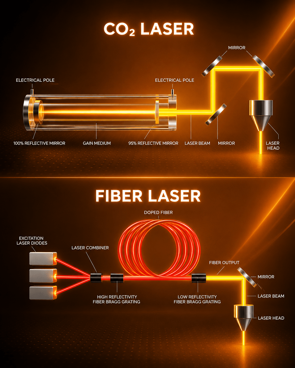 Schéma fungovania fiber lasera – od pumpovacích diód cez optické vlákno až po galvanometrické zrkadlá a F-Theta šošovku